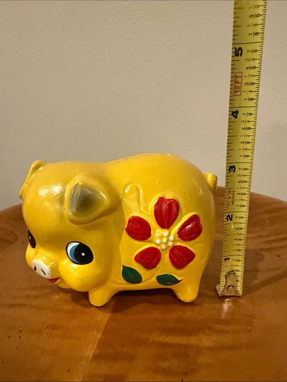 Vintage Kitschy Yellow Chalkware Piggy Bank with Red Flower